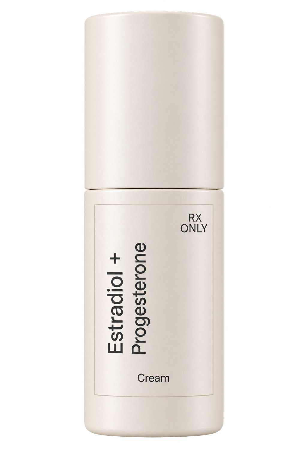 Illustrative ivory prescription bottle labeled Estradiol plus Progesterone Cream.