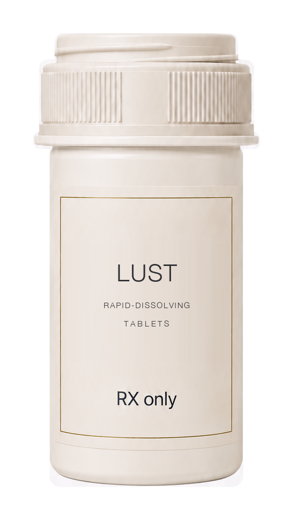 Illustrative ivory prescription bottle labeled Lust Rapid-Dissolving Tablets.