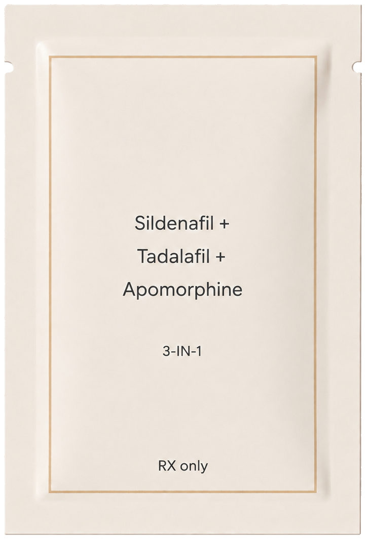 Illustrative pill-free prescription pouch labeled Sildenafil, Tadalafil, and Apomorphine three-in-one treatment.