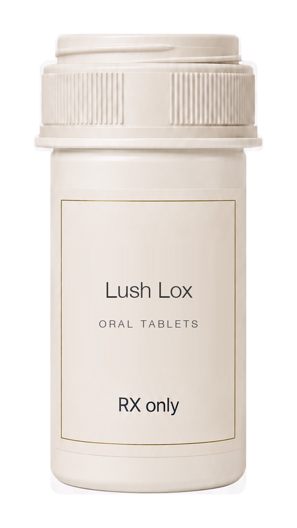 Illustrative ivory prescription bottle labeled Lush Lox Oral Tablets.