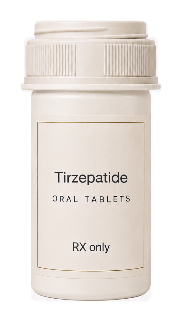 Illustrative ivory prescription bottle labeled Tirzepatide Oral Tablets.