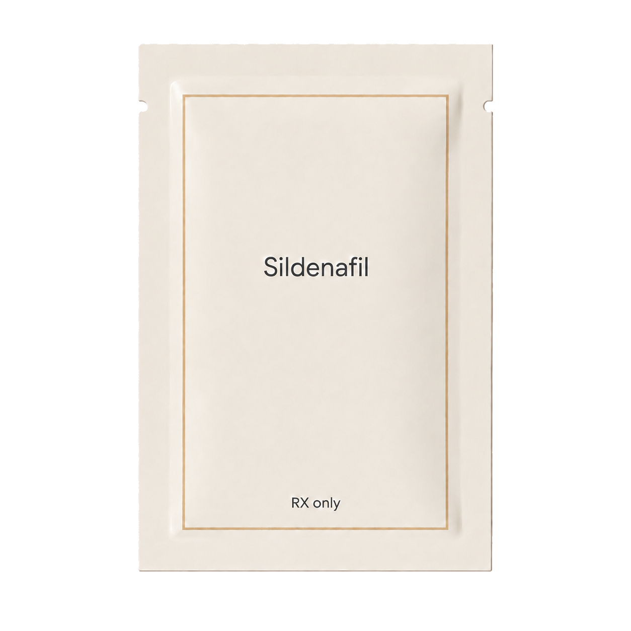 Illustrative pill-free prescription pouch labeled Sildenafil Oral Tablets.