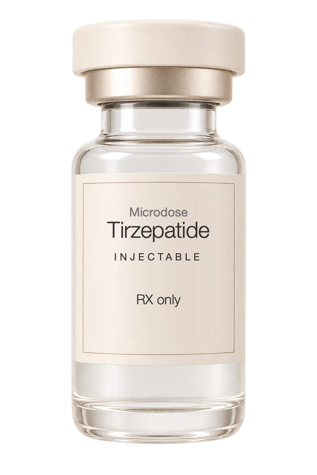 Illustrative ivory prescription vial labeled Microdose Tirzepatide Injectable.