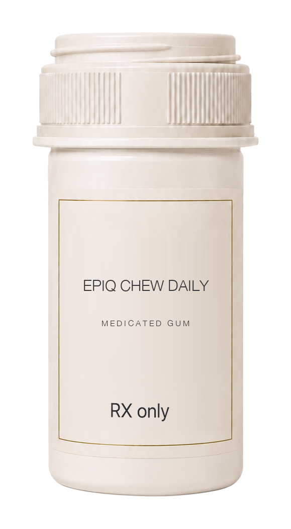 Illustrative prescription bottle labeled Epiq Chew Daily Medicated Gum.