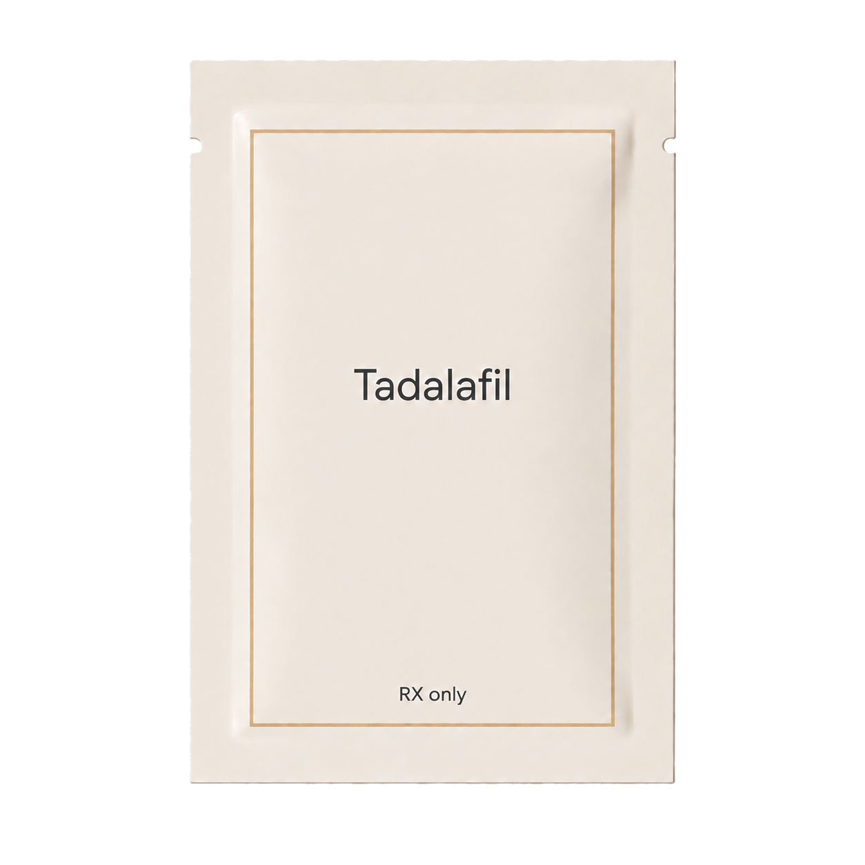 Illustrative pill-free prescription pouch labeled Tadalafil Oral Tablets.
