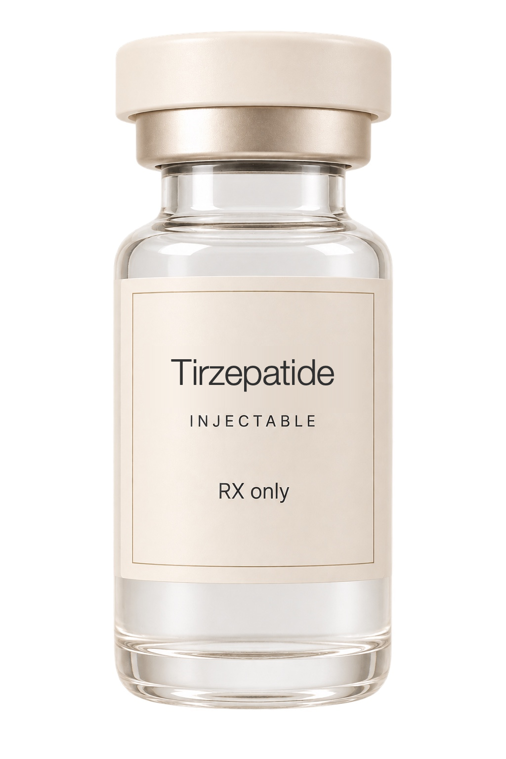 Illustrative ivory prescription vial labeled Tirzepatide Injectable.
