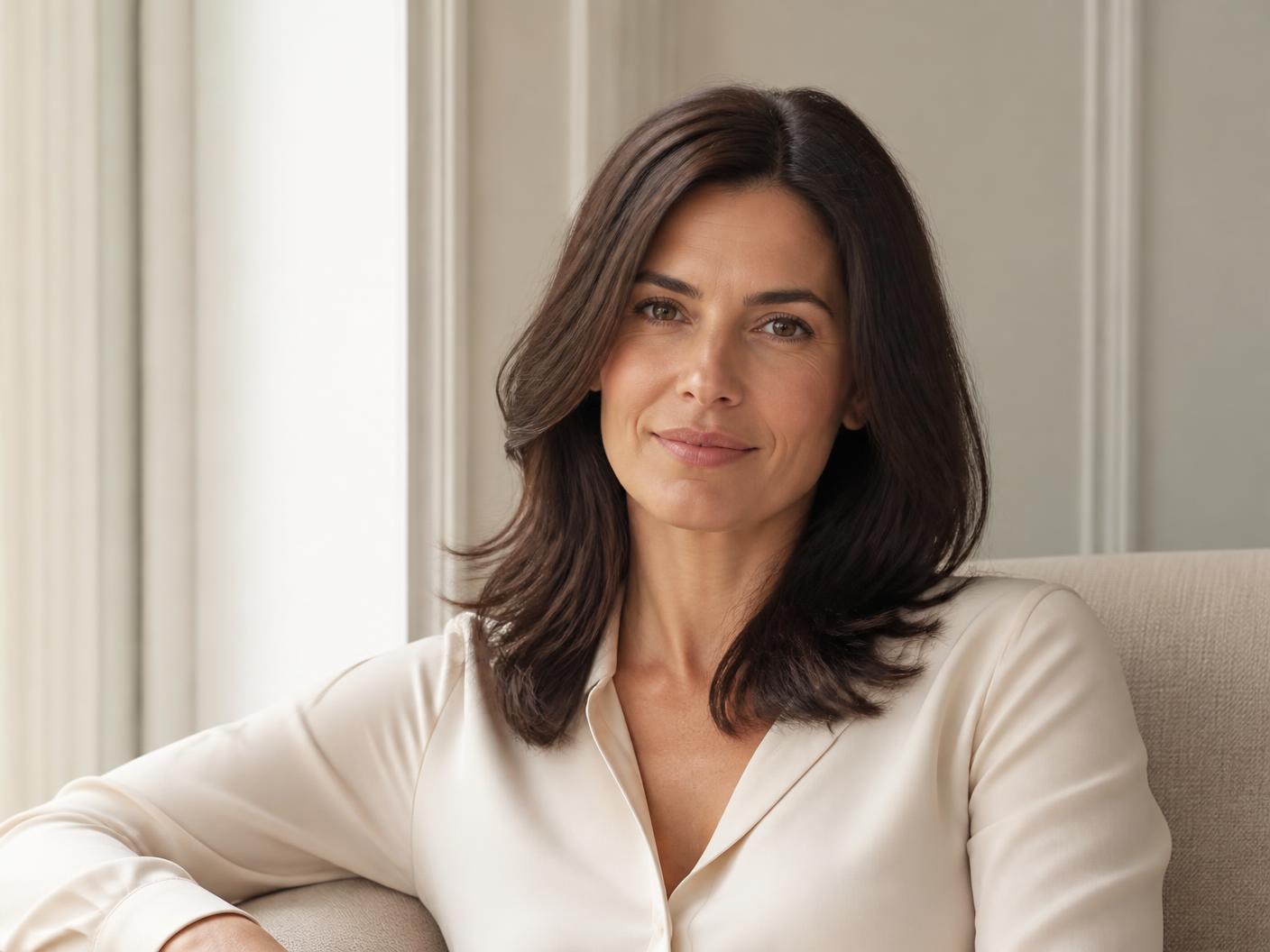 Adult woman with healthy, natural-looking hair in a refined neutral setting.
