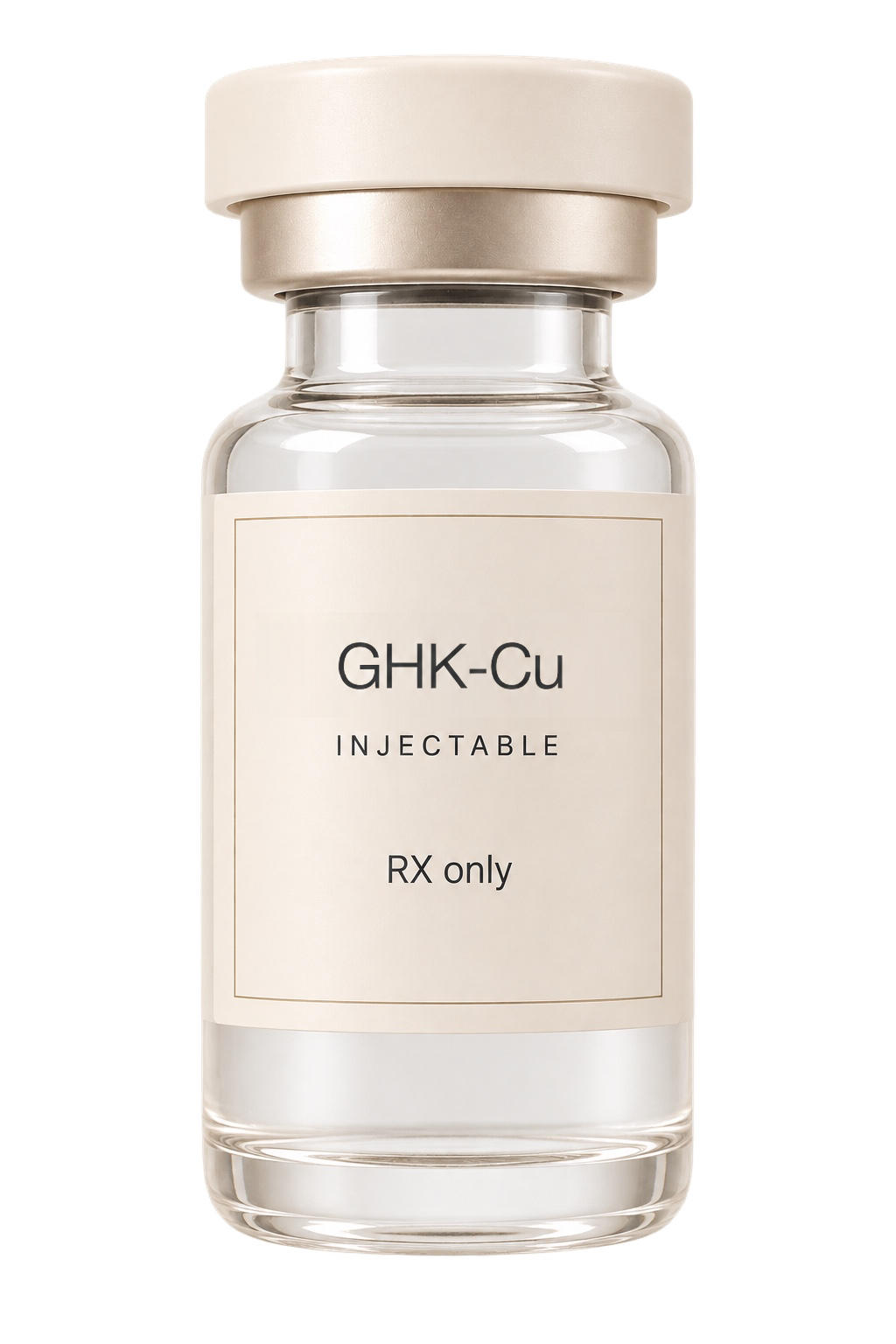 Clear injectable vial with a warm ivory label reading GHK-Cu, Injectable, and RX only.