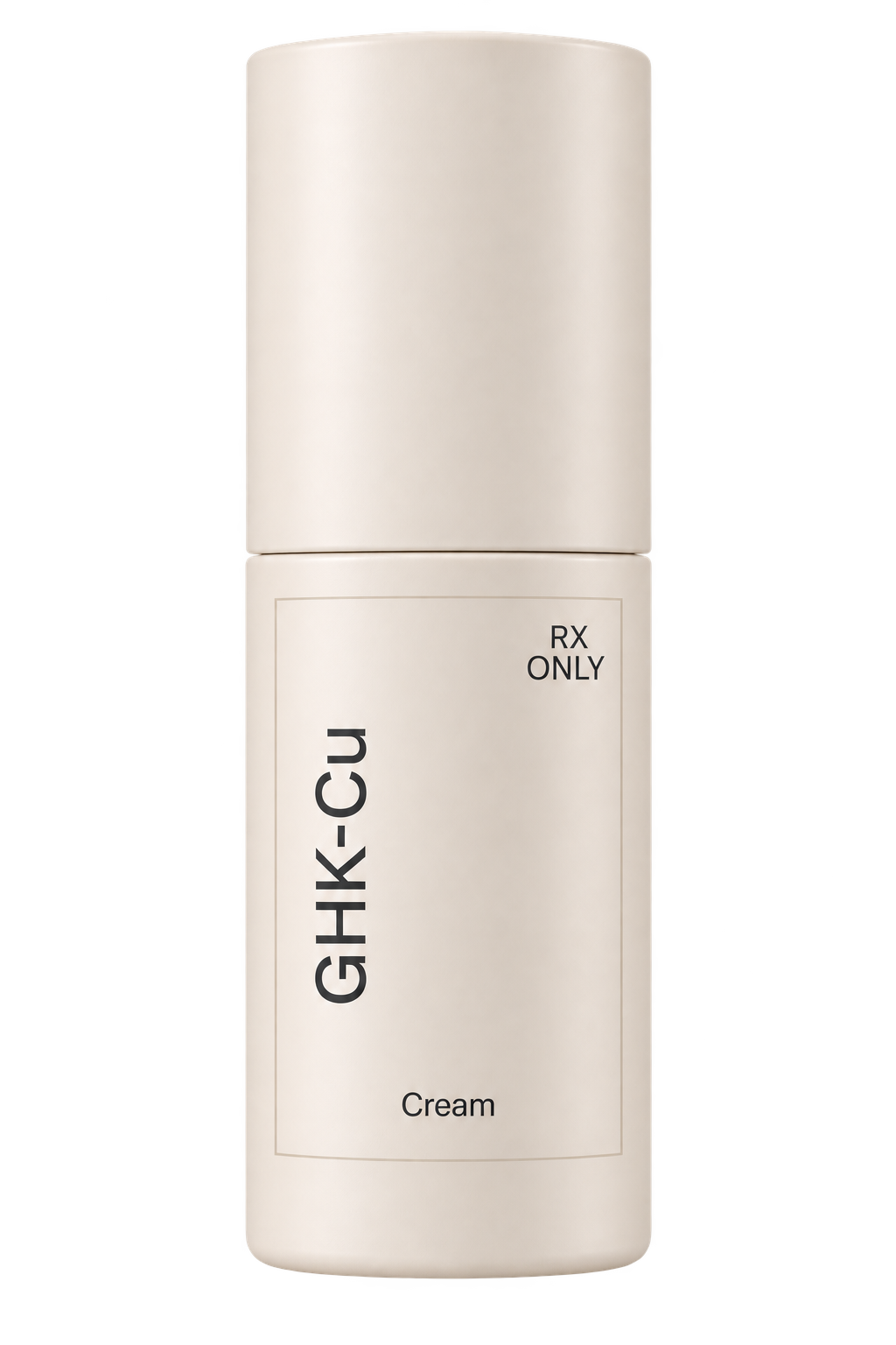 A prescription GHK-Cu cream bottle with an ivory cap, labeled RX only.