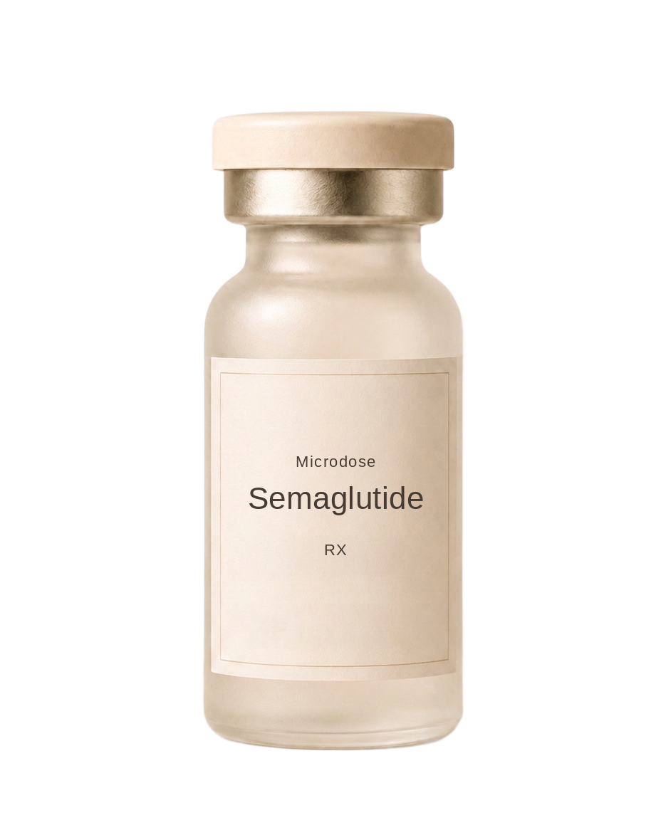 A smaller prescription injectable vial labeled MICRODOSE SEMAGLUTIDE RX.