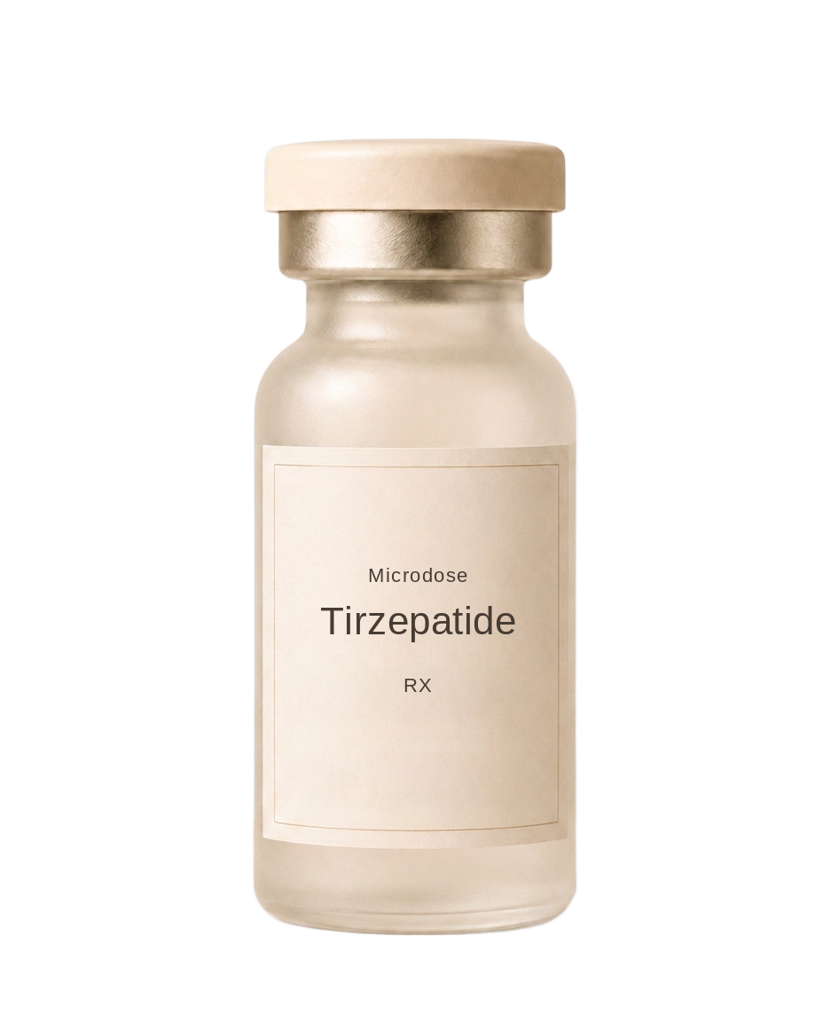 A minimal prescription injectable vial labeled TIRZEPATIDE RX.